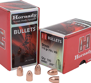 Hornady Full Metal Jacket Round Nose Bullets 9 mm. .355 in. 115 gr. 100 pk